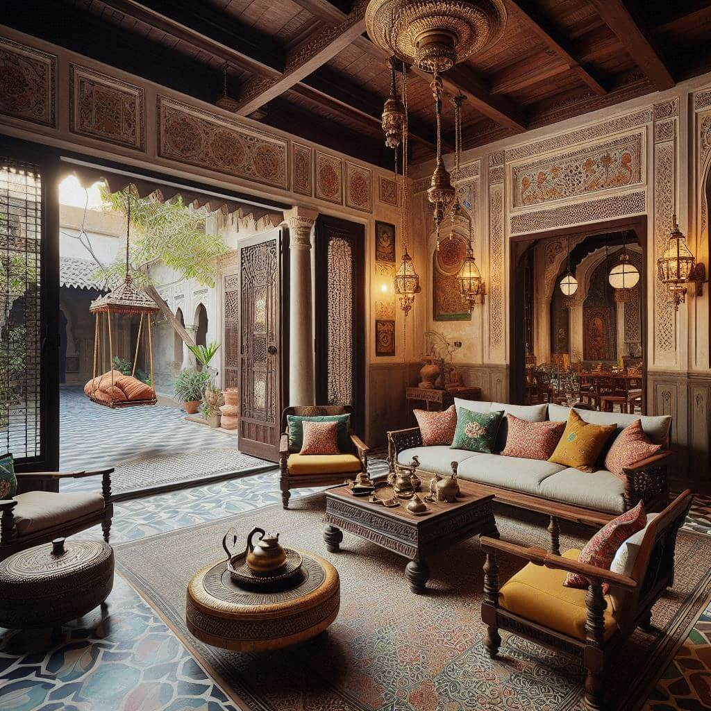 Traditional Indian courtyard-inspired open living room by Hothi & Co. featuring high ceilings with exposed wooden beams and carved low wooden seating.