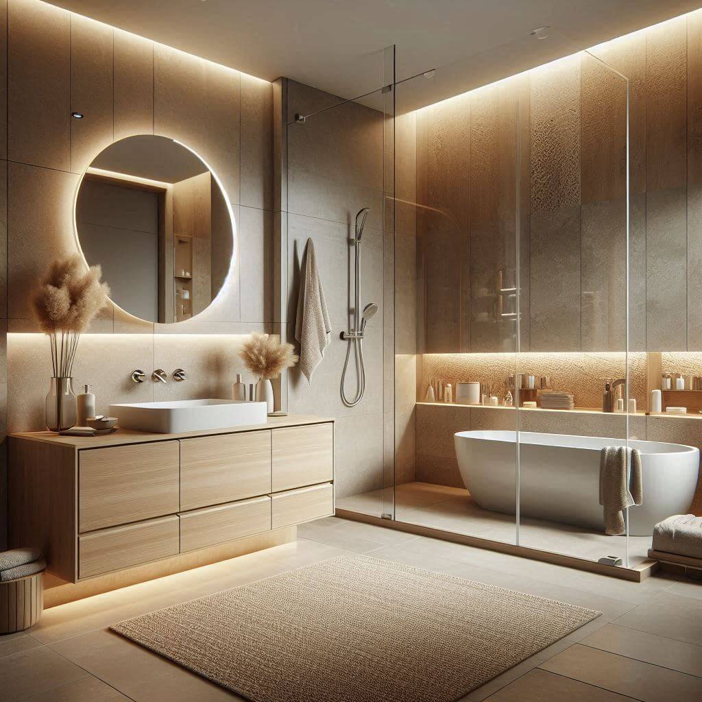 Warm contemporary bathroom by Hothi & Co. featuring a floating light oak vanity with white stone countertop, sleek chrome fixtures, and large beige porcelain floor tiles.