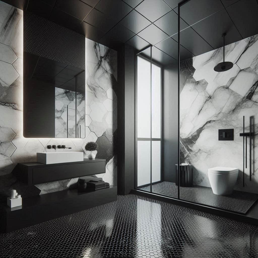 Dramatic contemporary monochrome bathroom by Hothi & Co. featuring matte black tiled walls, large white marble slabs with bold black veining, and modern statement fixtures.