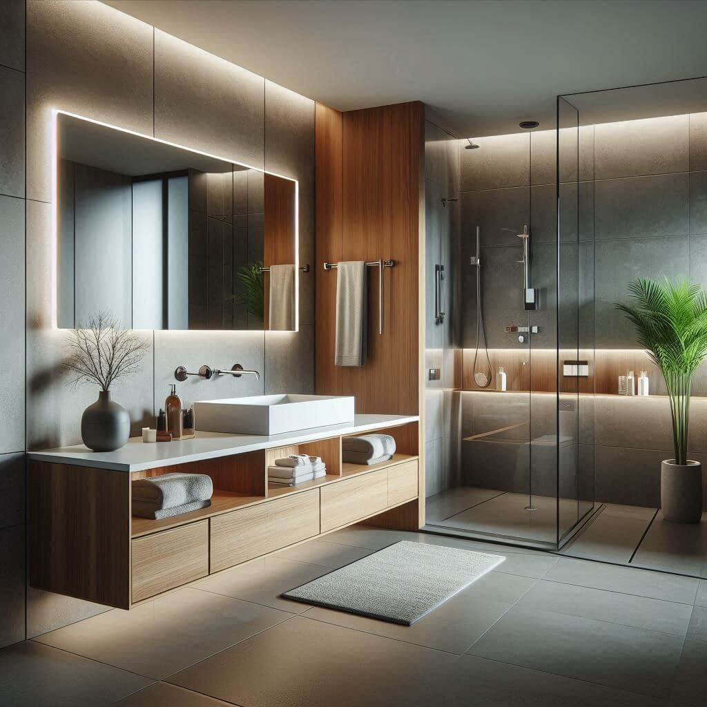 Sleek contemporary bathroom by Hothi & Co. featuring a floating wooden vanity with white quartz countertop, integrated rectangular basin, minimalist chrome fixtures, and a glass-enclosed walk-in shower.