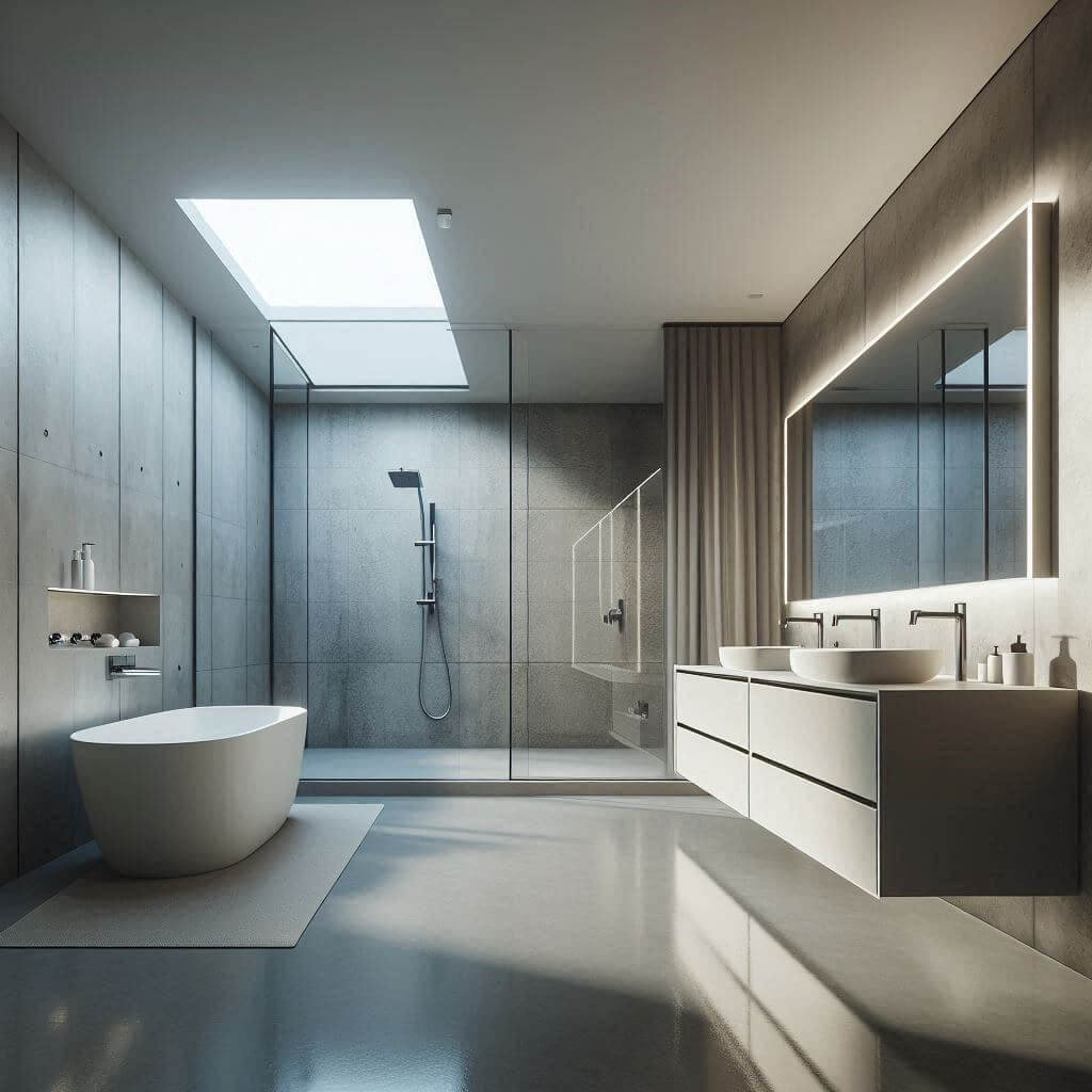 Spacious minimalist contemporary bathroom by Hothi & Co. featuring a large freestanding tub with sleek chrome fixtures, polished concrete floors, and a clean-lined modern vanity.