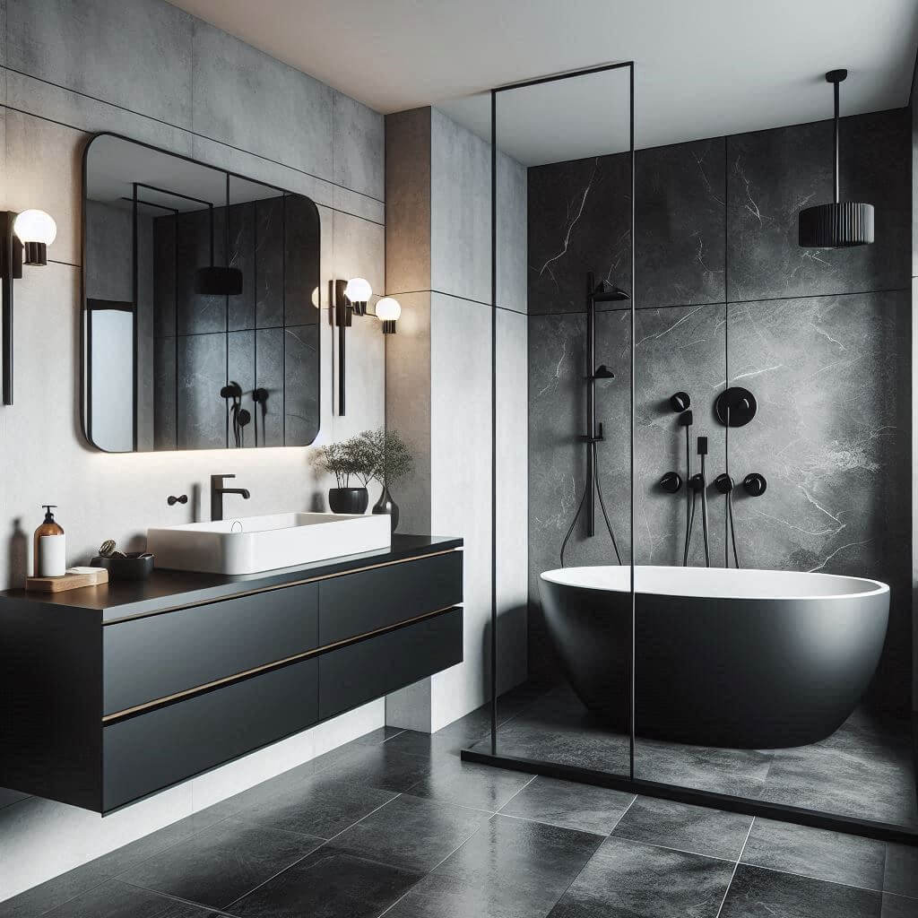 Stylish contemporary bathroom by Hothi & Co. featuring a freestanding oval bathtub with matte black fixtures, large-format concrete floor tiles, and a mix of smooth white and black walls.