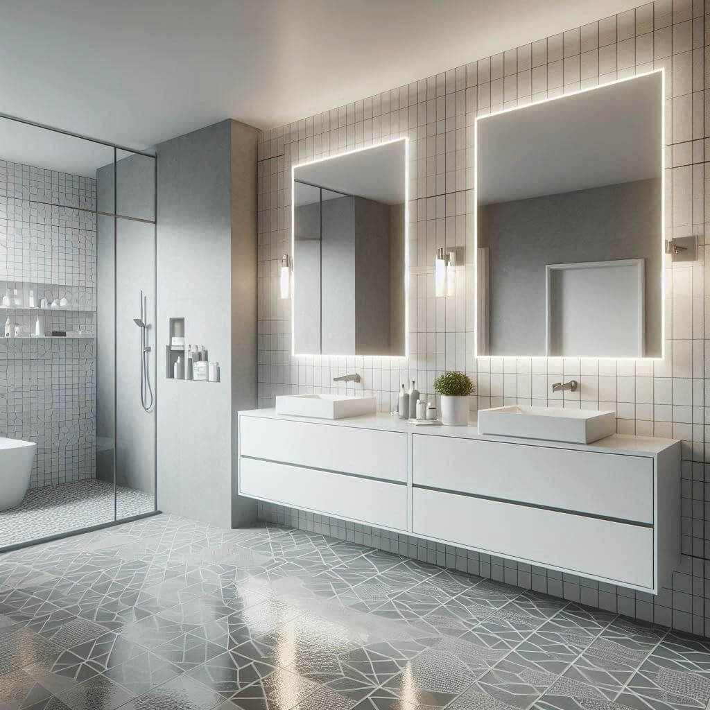 Stylish contemporary bathroom by Hothi & Co. featuring a floating matte white double vanity with quartz countertops, sleek chrome fixtures, and large-format grey and white geometric floor tiles.