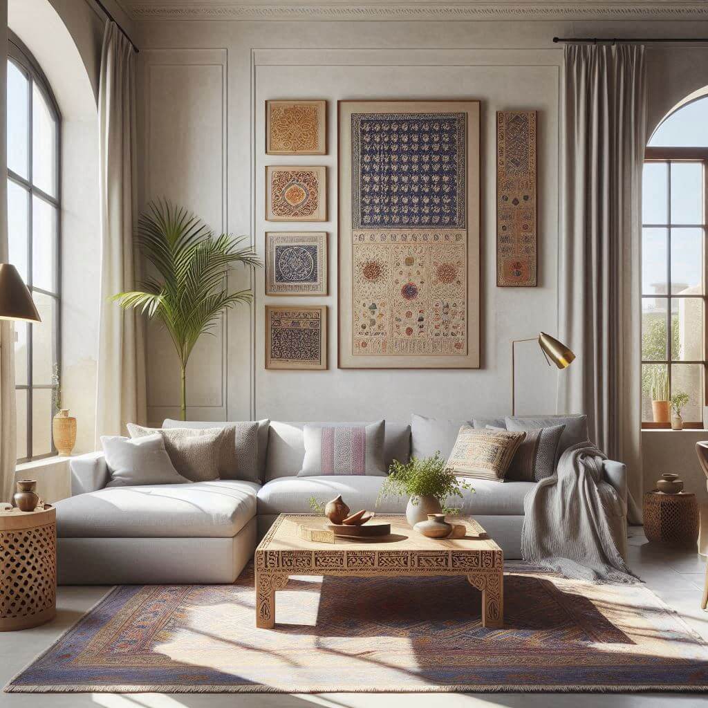 Bright contemporary living room by Hothi & Co. featuring a light grey L-shaped sofa, carved wooden coffee table with traditional detailing, and Indian textiles.