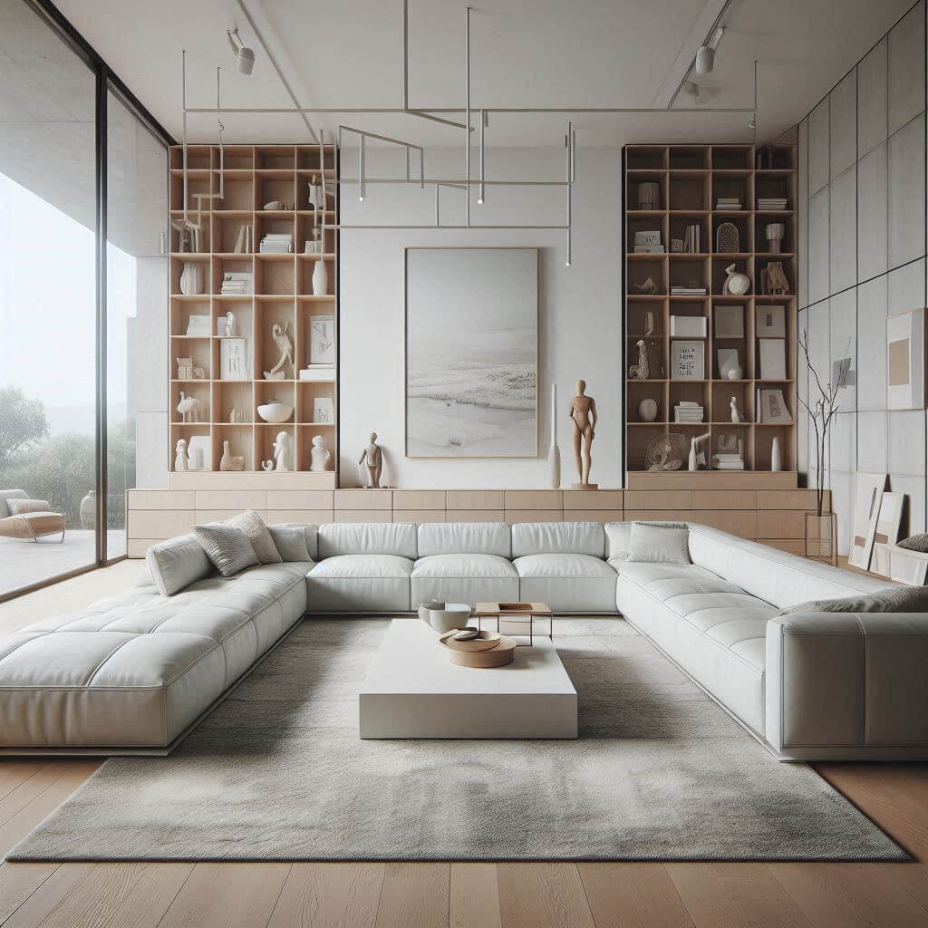 Open-plan modern living room by Hothi & Co. featuring a white leather modular sectional sofa, light oak coffee table, and minimalist sheer window treatments.