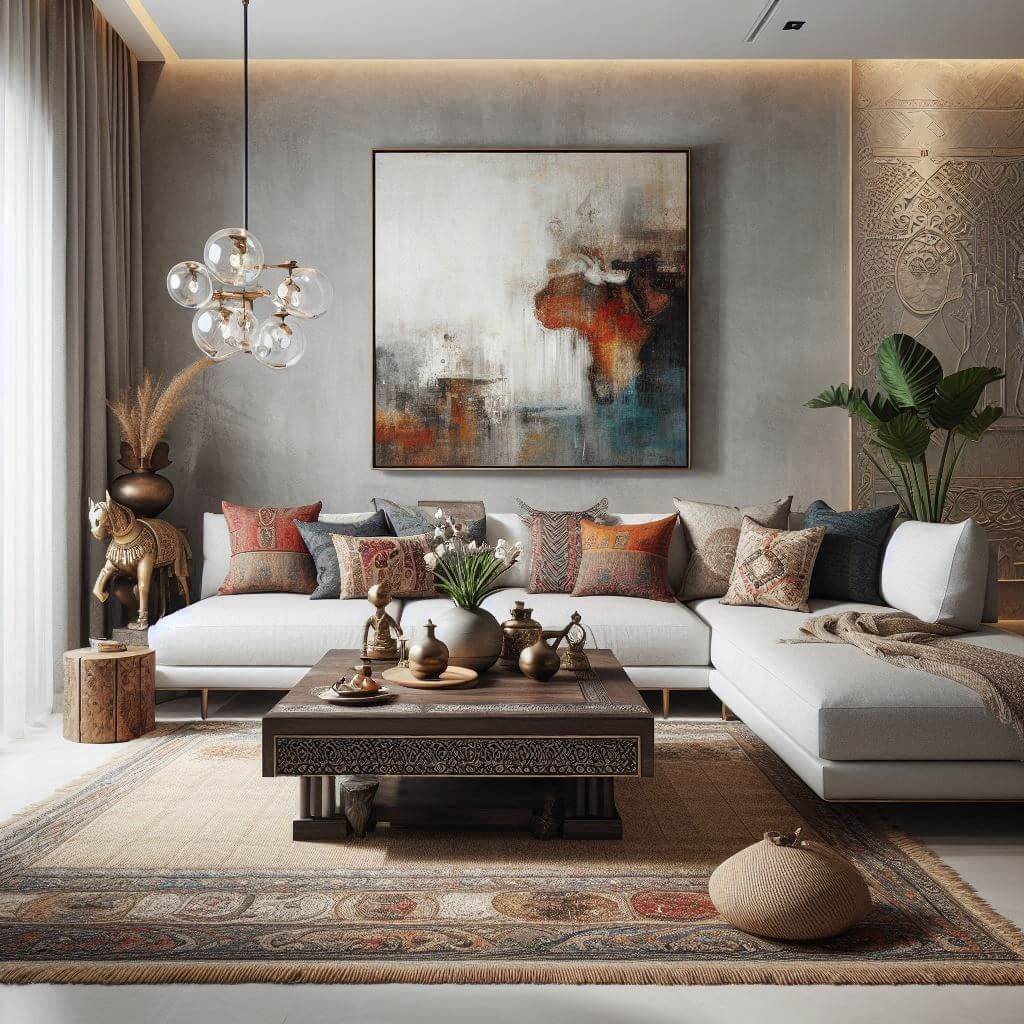 Contemporary living room by Hothi & Co. featuring a sleek white sectional sofa, intricately carved low wooden coffee table, and a modern-traditional Indian design blend.