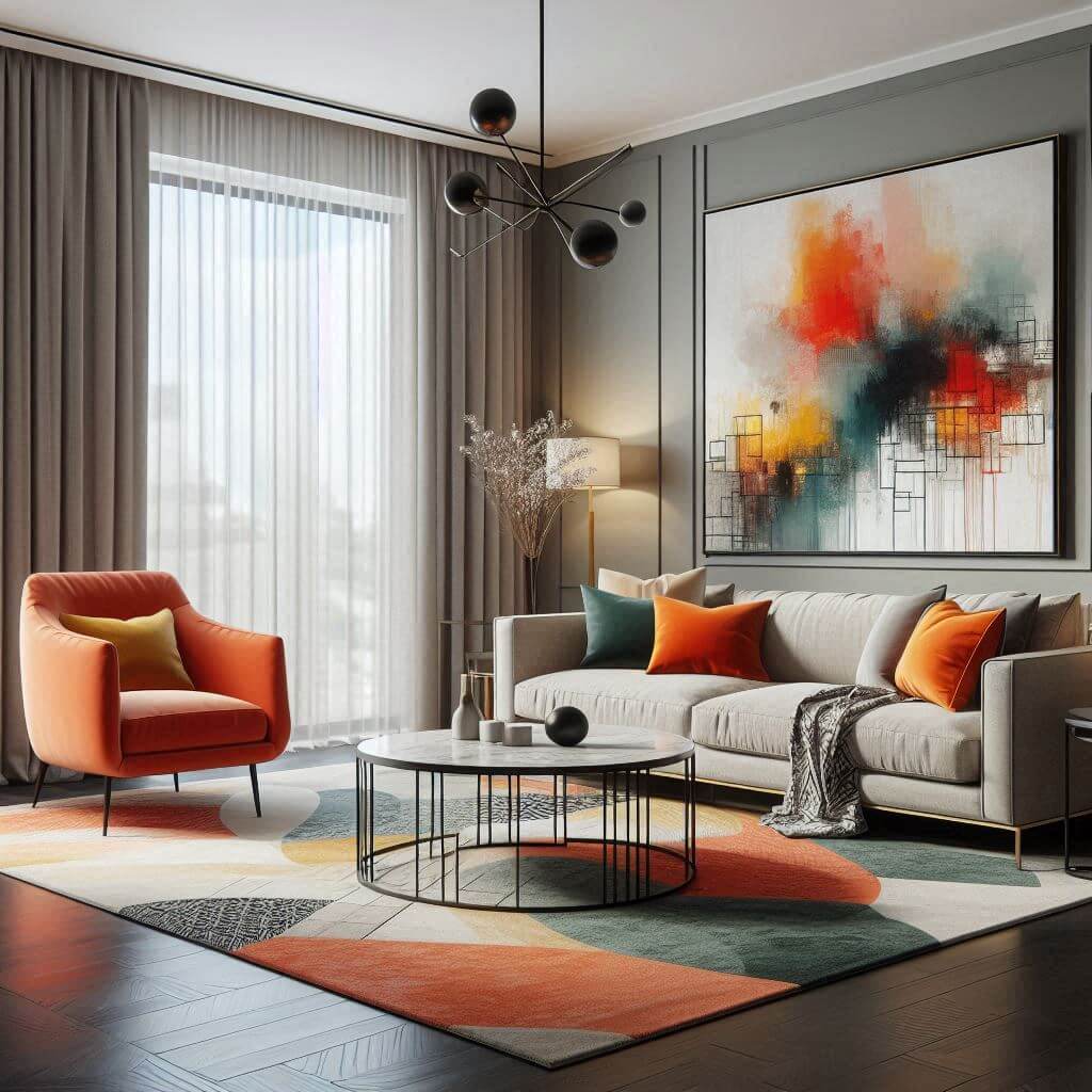 Bold contemporary living room by Hothi & Co. featuring a neutral beige L-shaped sofa, bright orange accent chair, and round marble-top coffee table.