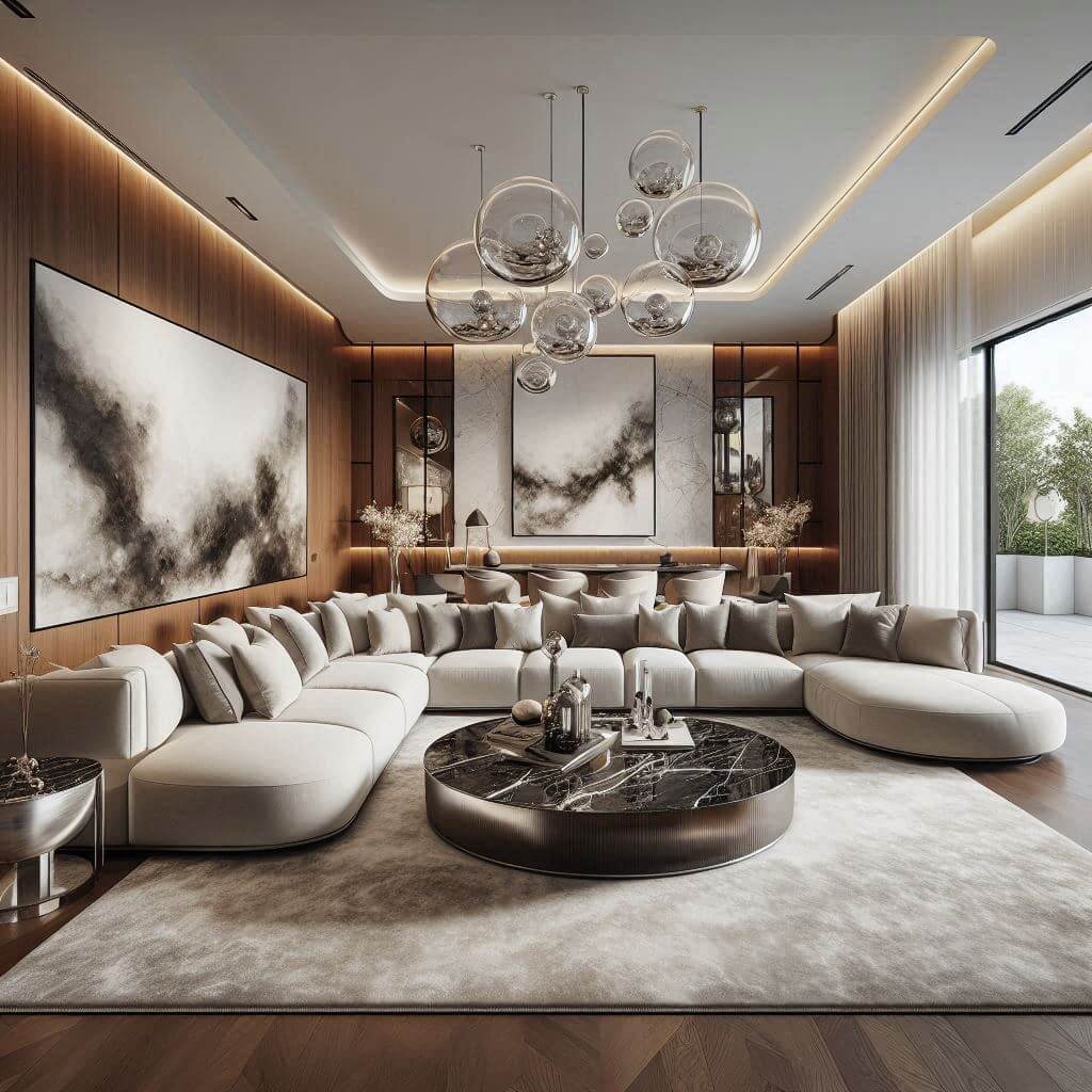 Luxurious contemporary living room by Hothi & Co. featuring a curved cream sectional sofa, marble coffee table, and high-end polished finishes.
