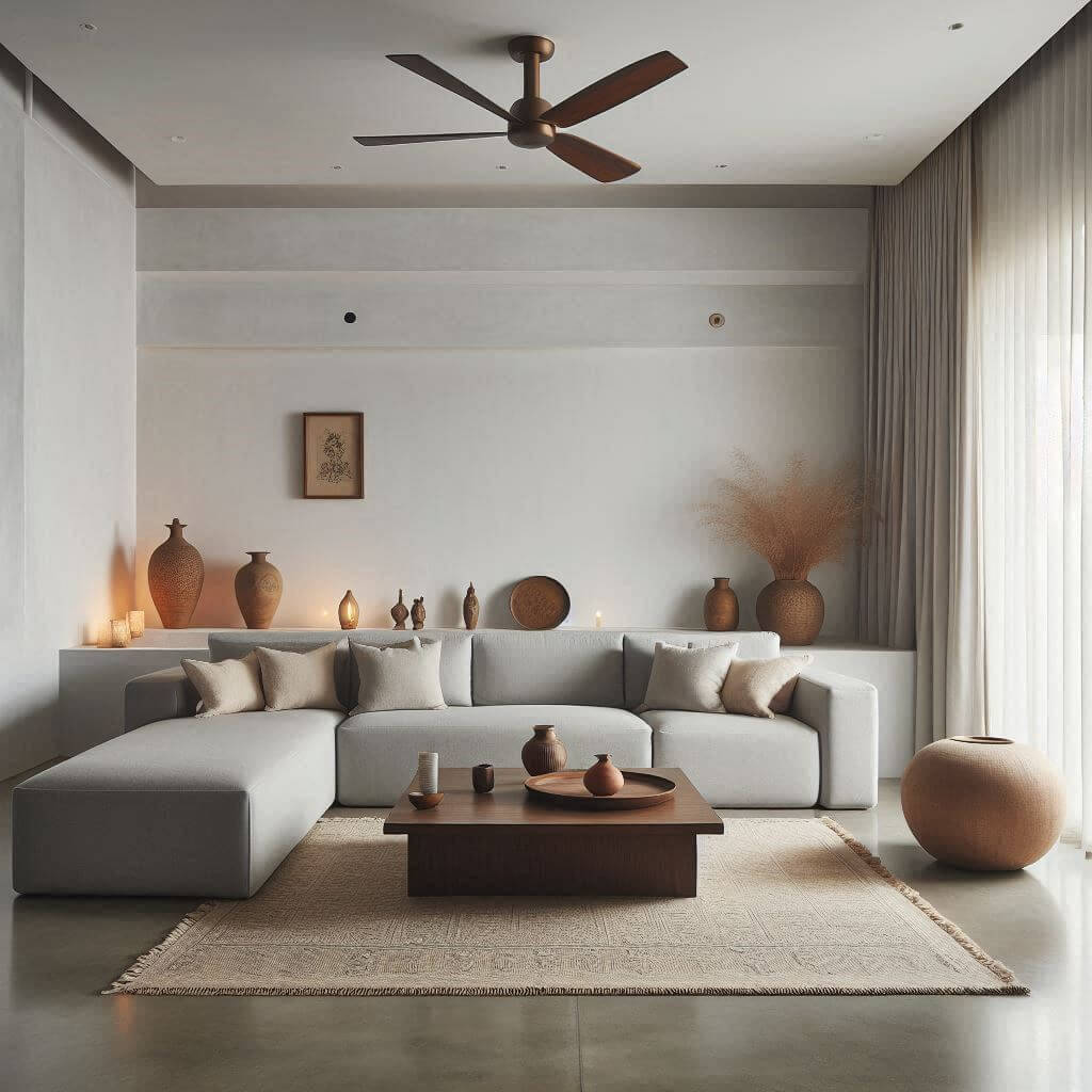 Minimalist Indian contemporary living room by Hothi & Co. featuring a low-profile grey sectional sofa, wooden coffee table, and simple functional design elements.