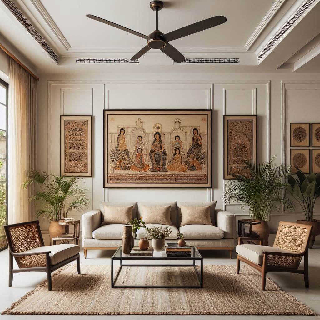 Modern Indian living room by Hothi & Co. featuring a beige low sofa, wooden armchairs with cane detailing, and traditional art pieces in a clean contemporary setting.