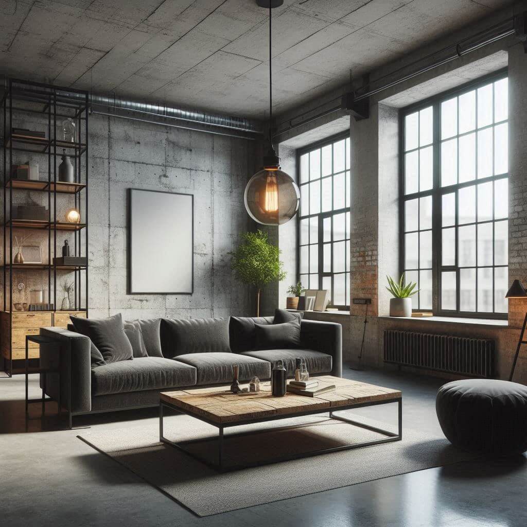 Industrial-style contemporary living room by Hothi & Co. featuring exposed brick walls, concrete flooring, dark grey low-profile sofa, and reclaimed wood coffee table.