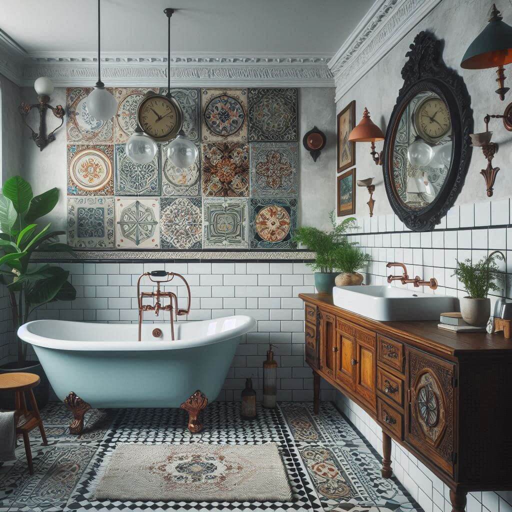 Eclectic vintage-modern bathroom by Hothi & Co. featuring a soft pastel blue clawfoot bathtub, matte black fixtures, and layered decorative wall finishes.