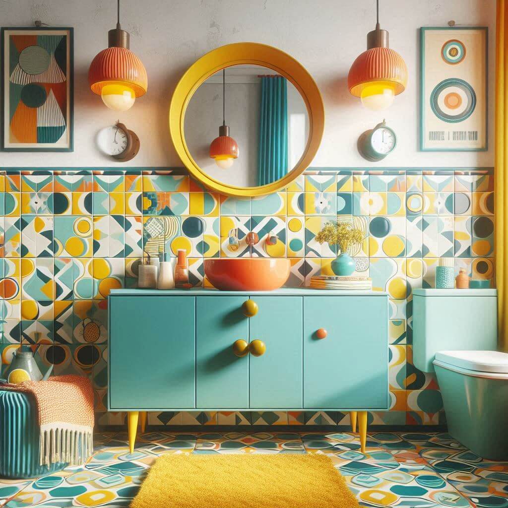 Cheerful retro-inspired eclectic bathroom by Hothi & Co. featuring bold geometric yellow, blue, and white floor tiles and a mid-century modern style vanity with vintage details.
