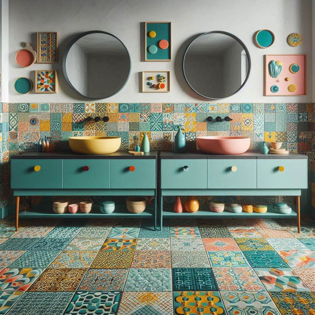Playful eclectic bathroom by Hothi & Co. featuring mismatched colorful tiles, vibrant turquoise, coral, and mustard patchwork flooring, and expressive patterned walls.