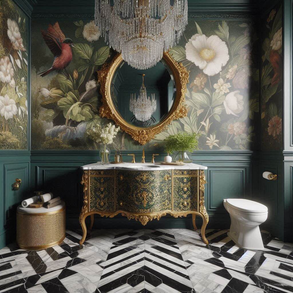 Glamorous eclectic bathroom by Hothi & Co. featuring black-and-white marble herringbone flooring, deep emerald green walls, and vintage-inspired statement pieces.