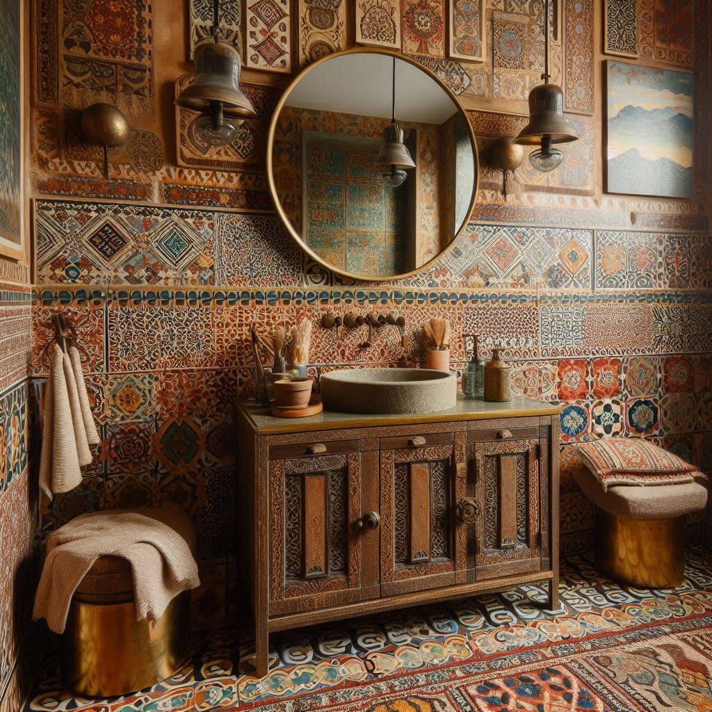 Globally inspired eclectic bathroom by Hothi & Co. featuring intricate Moroccan floor tiles in rich reds, oranges, and blues, with patterned walls and layered textures.
