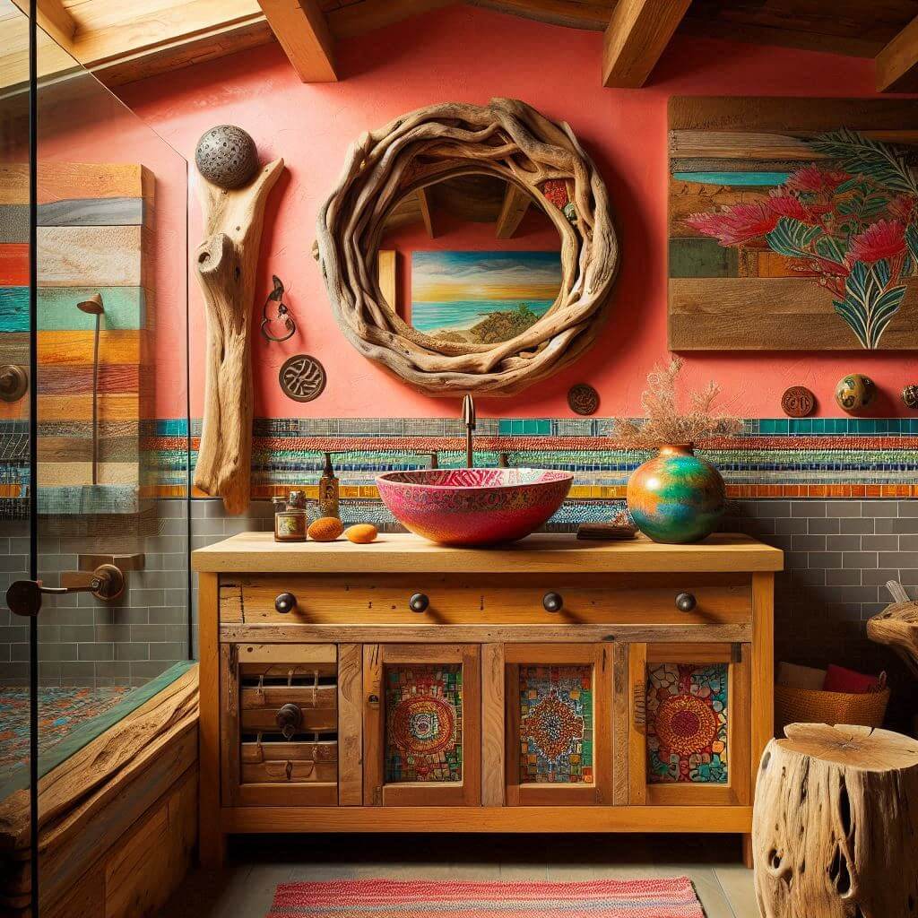 Lively eclectic bathroom by Hothi & Co. featuring bold coral walls, a reclaimed wood accent wall, and a rustic wooden vanity with natural textures.