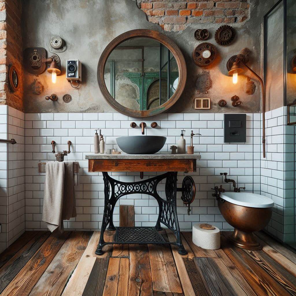 Eclectic textured bathroom by Hothi & Co. featuring reclaimed wood plank flooring, white subway tile walls, exposed brick accents, and a mixed-material vanity design.