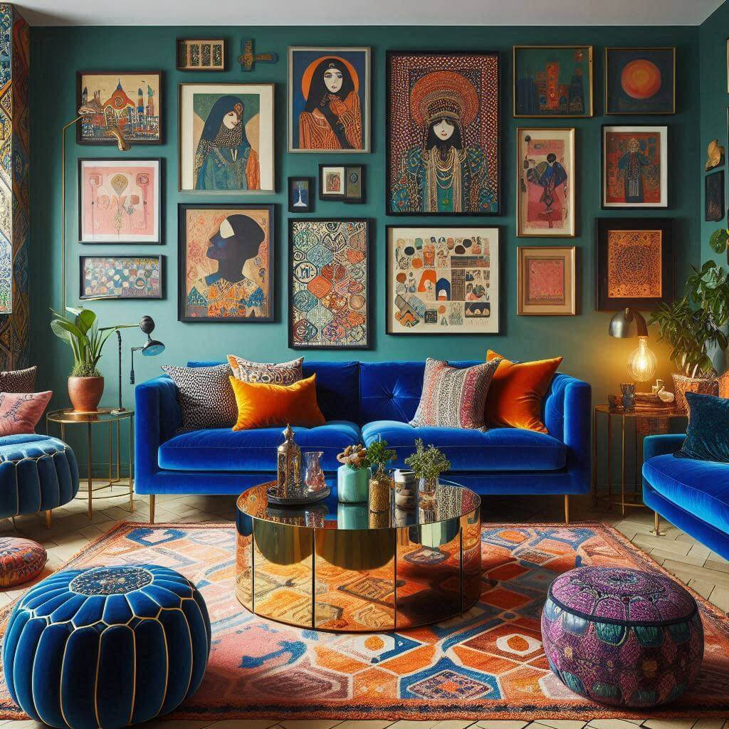 Bold eclectic living room by Hothi & Co. featuring a cobalt blue velvet sofa, patterned Moroccan pouf, and glass-top coffee table with vibrant contrasting decor.