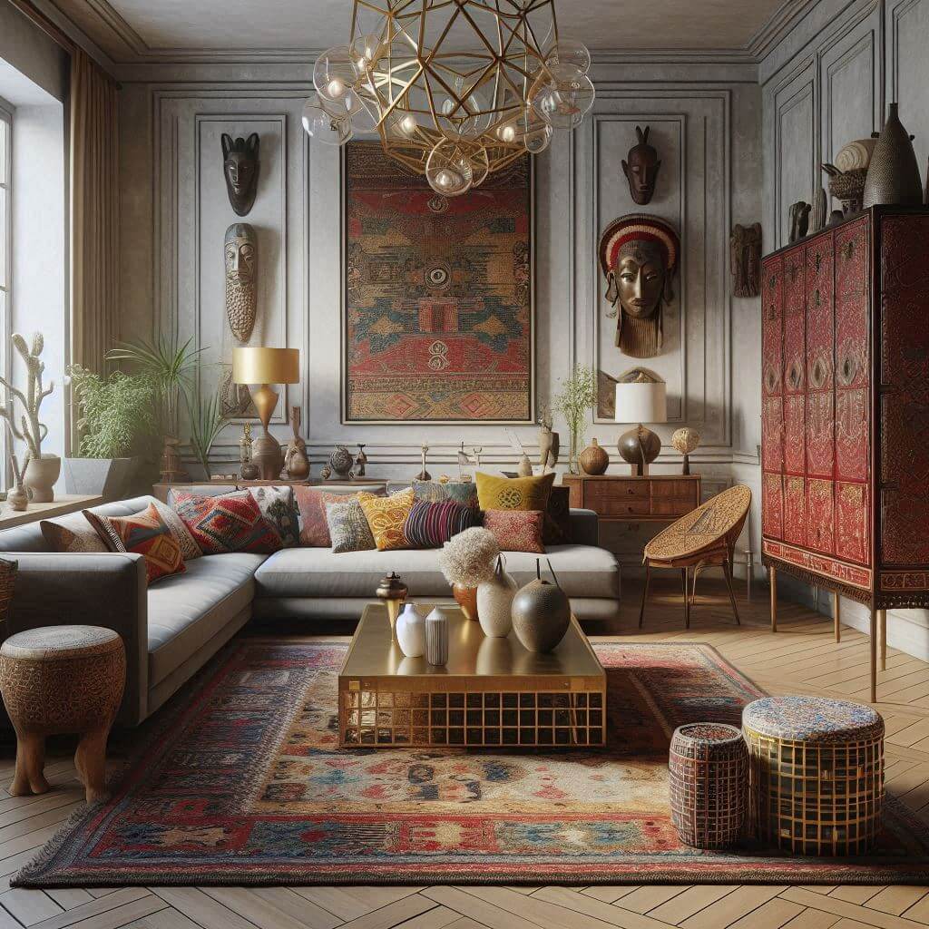 Global eclectic living room by Hothi & Co. featuring a modern low sofa with Turkish kilim-patterned cushions and culturally inspired decor elements.
