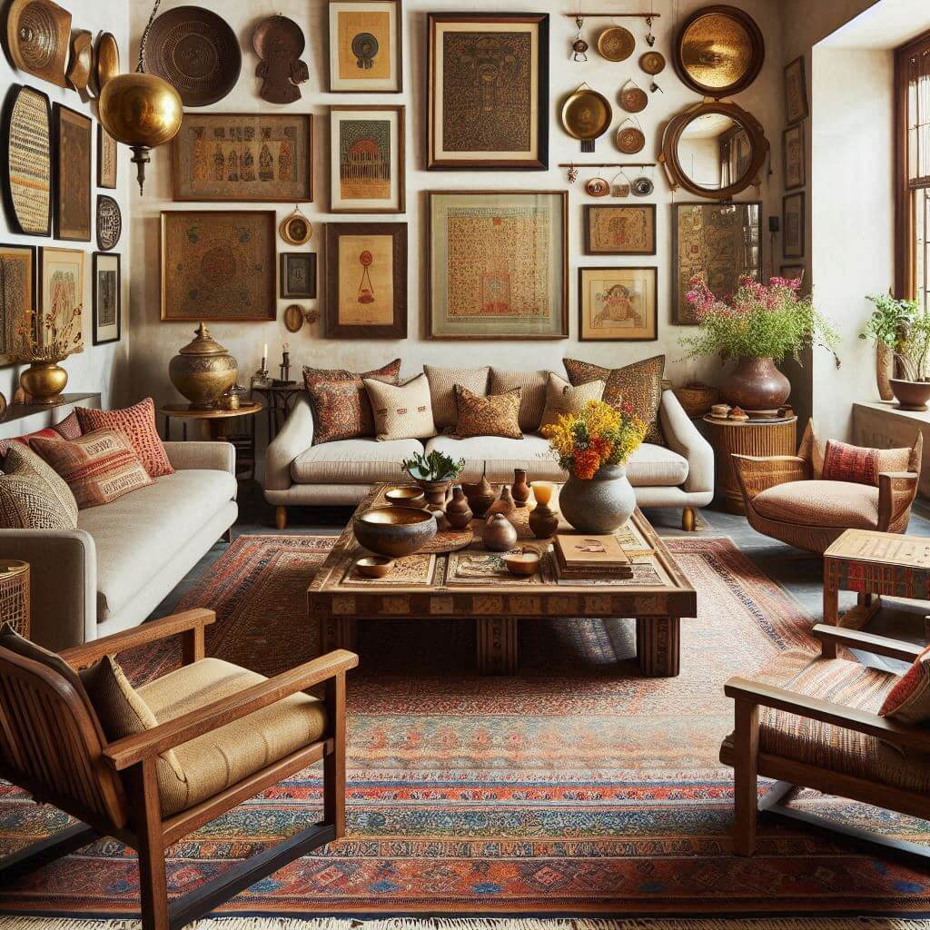 Cozy eclectic Indian living room by Hothi & Co. featuring traditional wooden chairs with handwoven cushions, a neutral modern sofa, and artisanal global design elements.