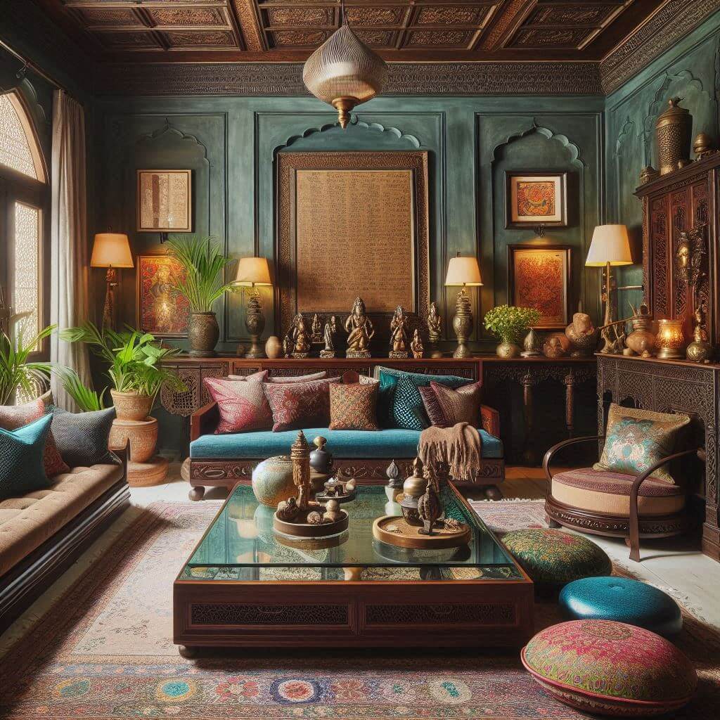 Heritage-inspired eclectic Indian living room by Hothi & Co. featuring intricately carved low wooden seating, jewel-toned cushions, and a modern glass-top coffee table.