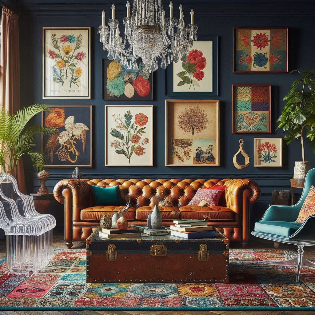 Vibrant eclectic living room by Hothi & Co. featuring a tufted leather Chesterfield sofa, modern acrylic armchairs, and a vintage trunk coffee table.