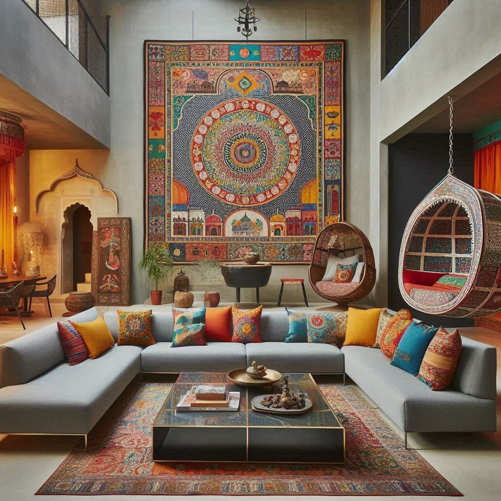Vibrant eclectic Rajasthani-inspired living room by Hothi & Co. featuring a colorful hand-carved jhoola with traditional mirror work and sleek modern furnishings.