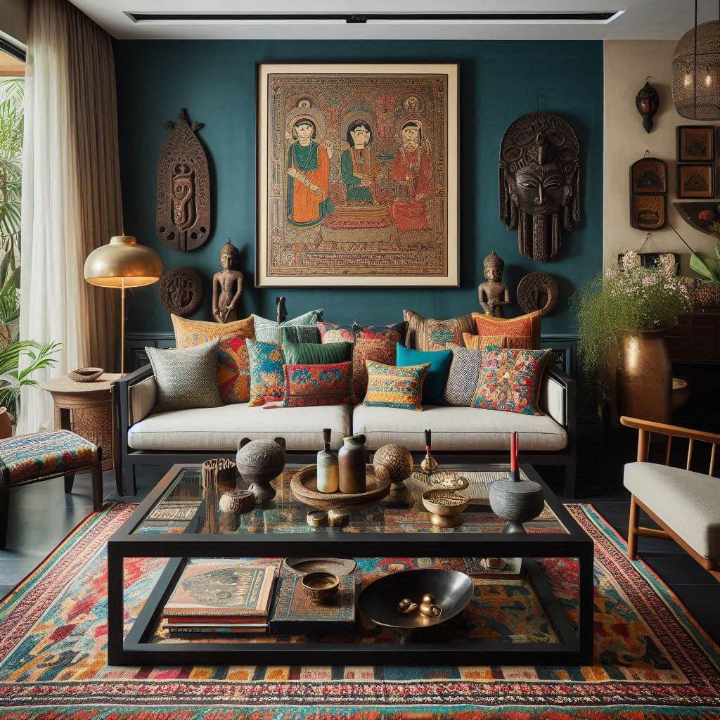 Eclectic Indian living room by Hothi & Co. featuring a low wooden divan with colorful block-printed cushions and a sleek glass modern coffee table.
