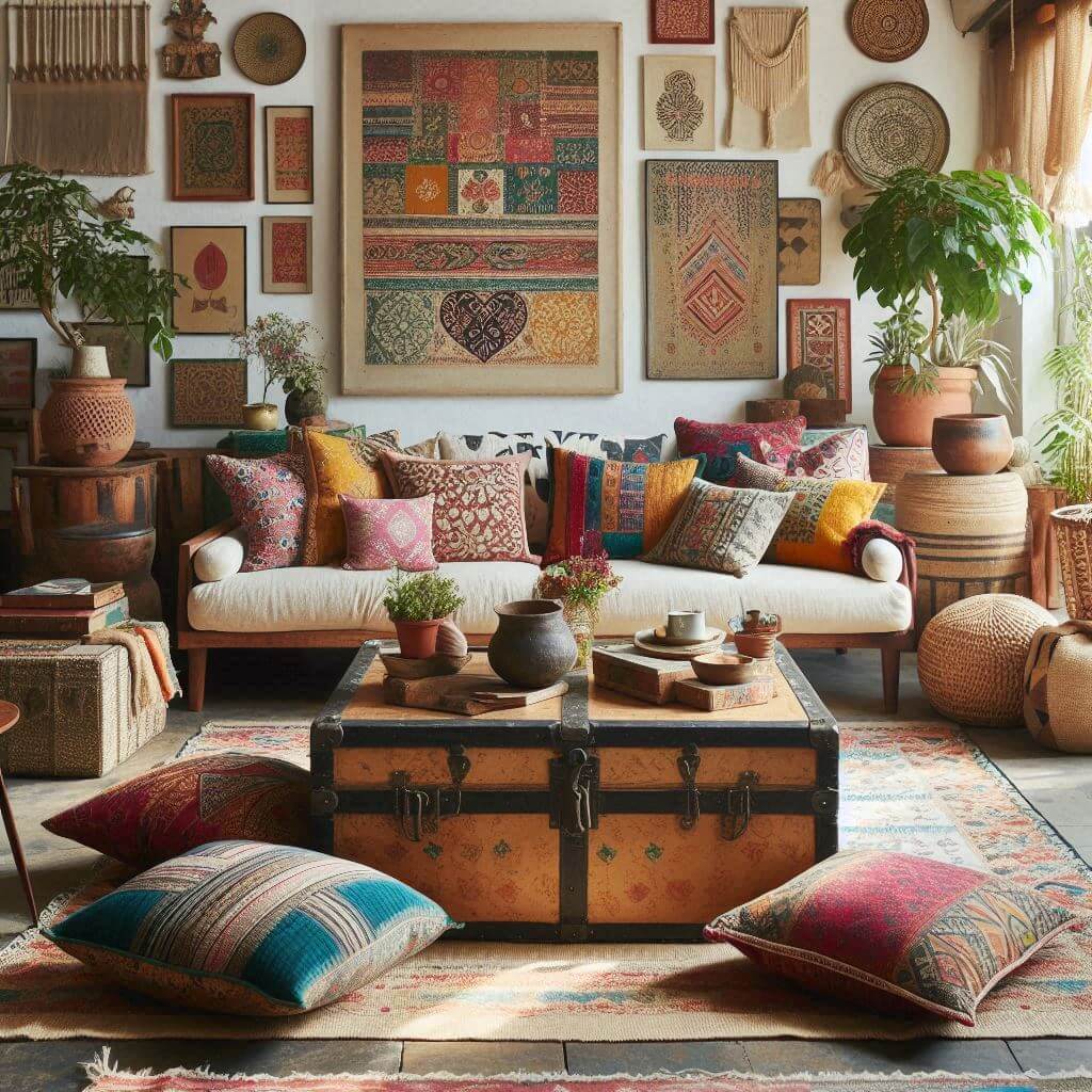 Boho-chic eclectic Indian living room by Hothi & Co. featuring a low wooden sofa with colorful block-printed cushions and a vintage trunk coffee table.