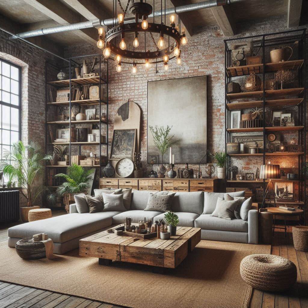 Eclectic industrial-rustic living room by Hothi & Co. featuring exposed brick wall, reclaimed wood coffee table, and soft grey sectional sofa.