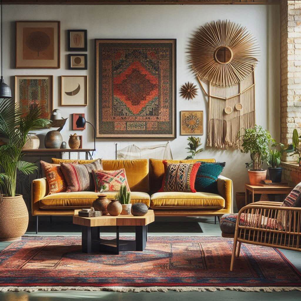 Mid-century bohemian eclectic living room by Hothi & Co. featuring a mustard velvet low-profile sofa, vintage teakwood coffee table, and vibrant rattan armchair.