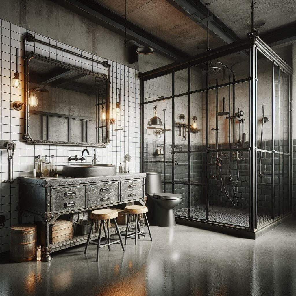 Bold industrial bathroom by Hothi & Co. featuring polished concrete floors, white subway tile and grey concrete walls, vintage-inspired fixtures, steel framing, and a repurposed vanity.