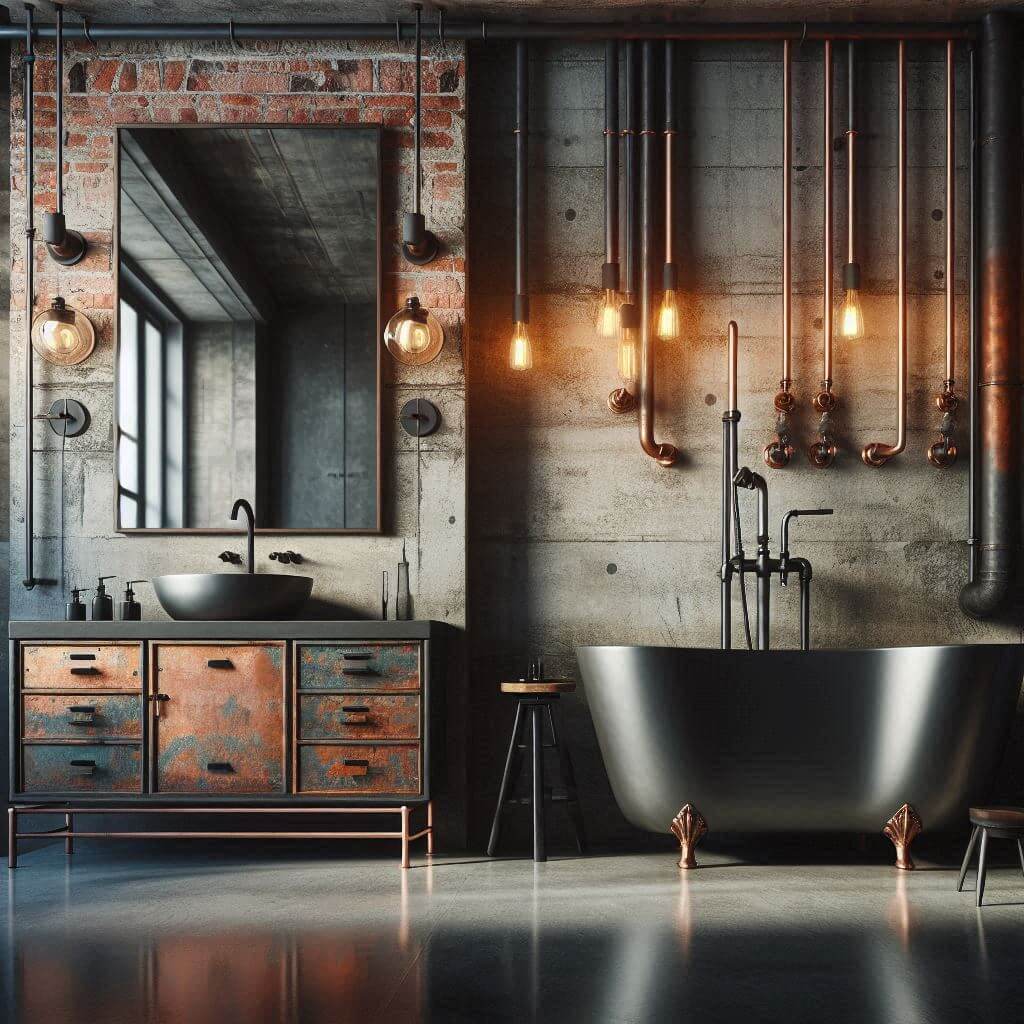 Edgy industrial bathroom by Hothi & Co. featuring a steel freestanding bathtub, exposed copper piping, matte black fixtures, and walls of exposed red brick and smooth concrete.