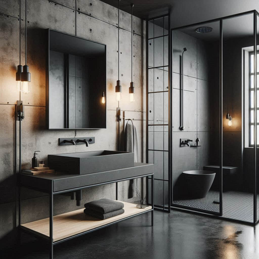 Modern industrial bathroom by Hothi & Co. featuring raw grey concrete finishes, sleek black metal elements, a wall-mounted black metal vanity with concrete countertop, rectangular sink, and matte black fixtures.