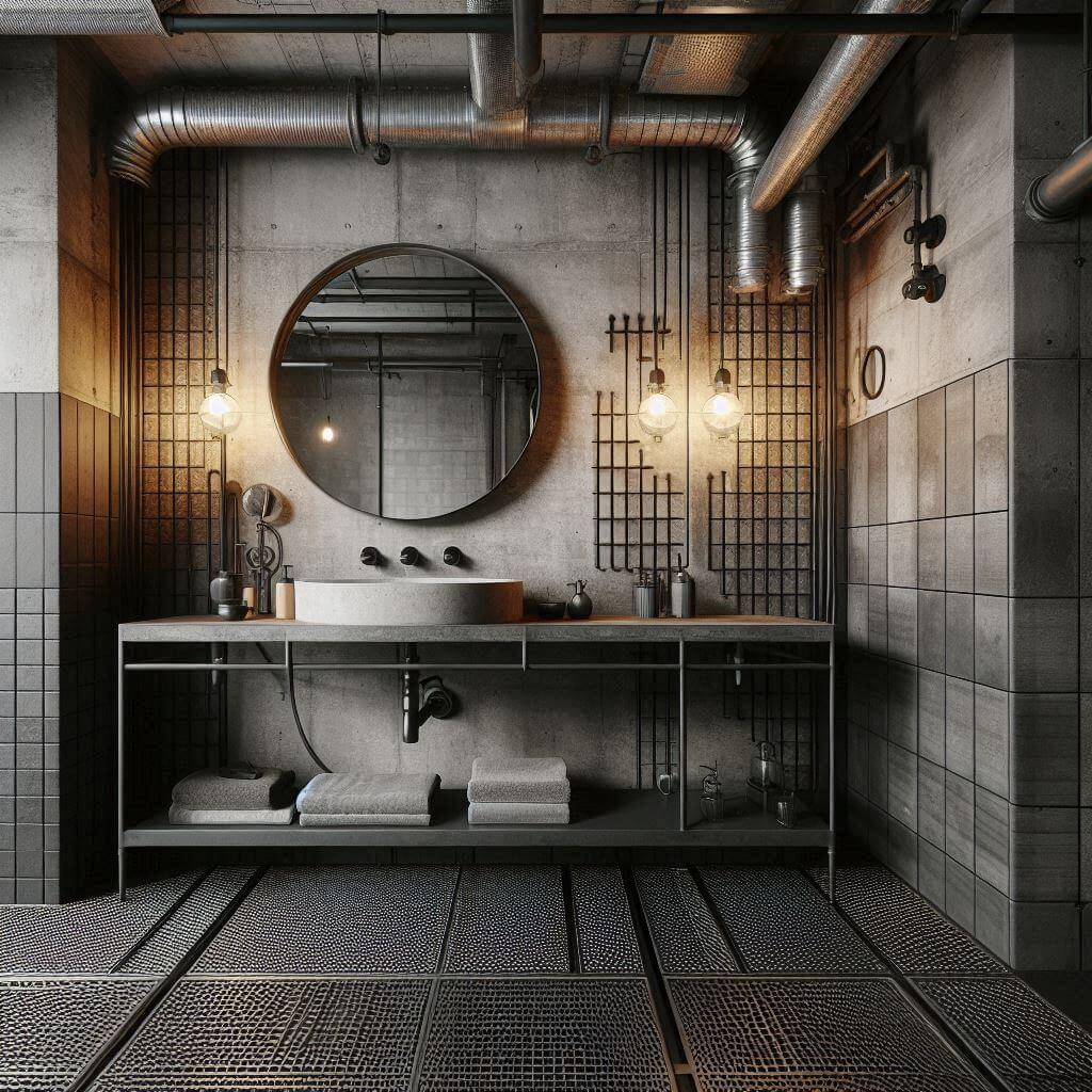Striking industrial bathroom by Hothi & Co. featuring metal grate flooring, exposed ceiling and wall pipes, and a custom steel frame vanity with an integrated concrete sink.