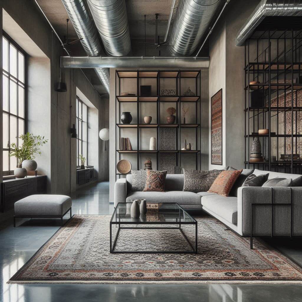 Modern industrial living room by Hothi & Co. featuring polished concrete floors, exposed ductwork, grey sofa with black metal legs, and Indian-inspired decor accents.
