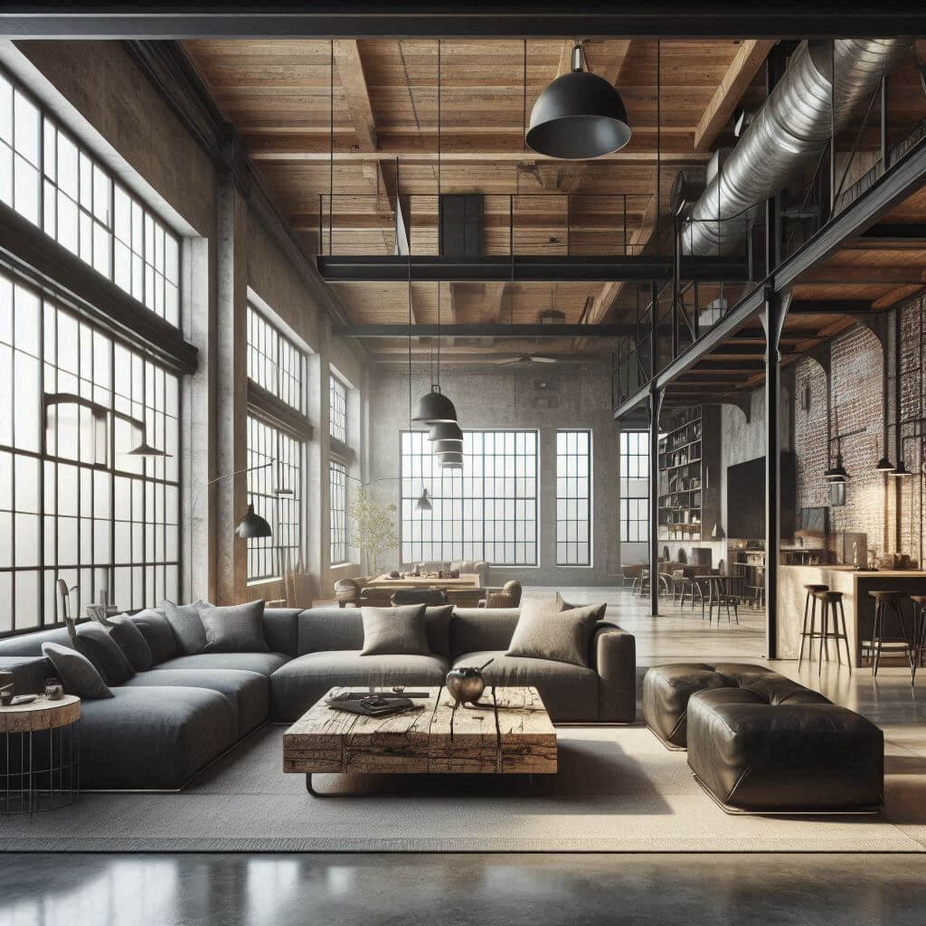 Open-plan industrial loft living room by Hothi & Co. featuring floor-to-ceiling black steel-framed windows, grey sectional sofa, and reclaimed wood coffee table with steel legs.