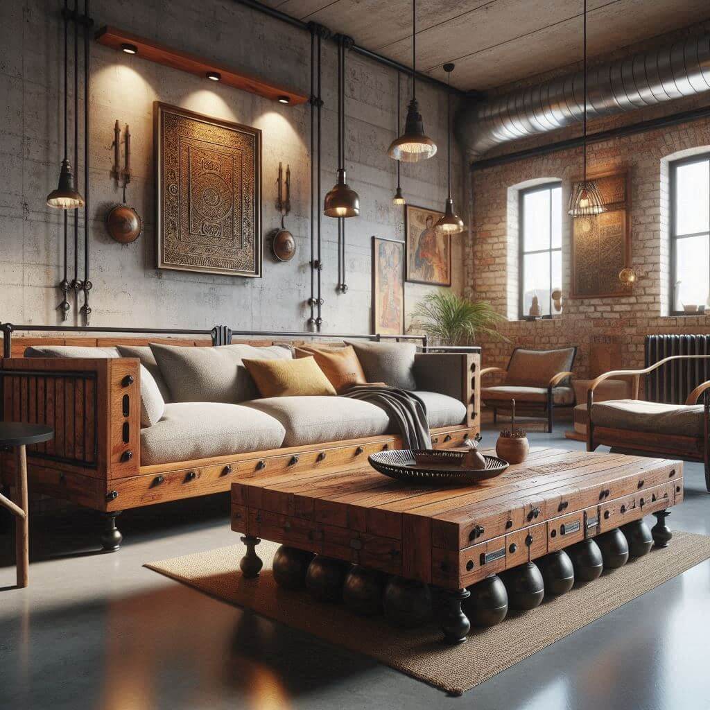 Industrial living room by Hothi & Co. featuring exposed brick walls, polished concrete floors, and a large wooden divan with metal detailing blending Indian craftsmanship and modern elements.