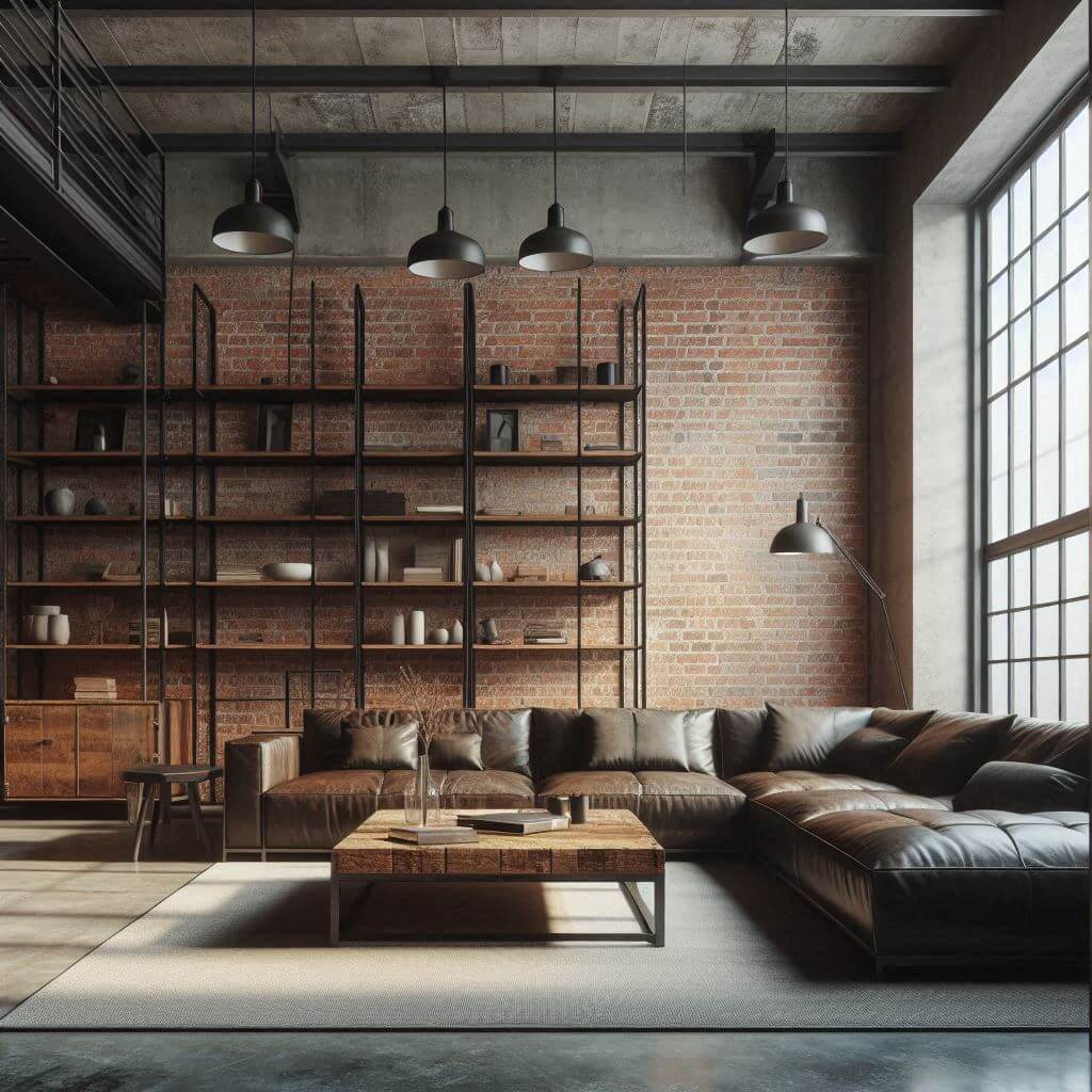 Industrial living room by Hothi & Co. featuring an exposed brick wall, steel-framed floor-to-ceiling windows, and large leather seating in a light-filled space.