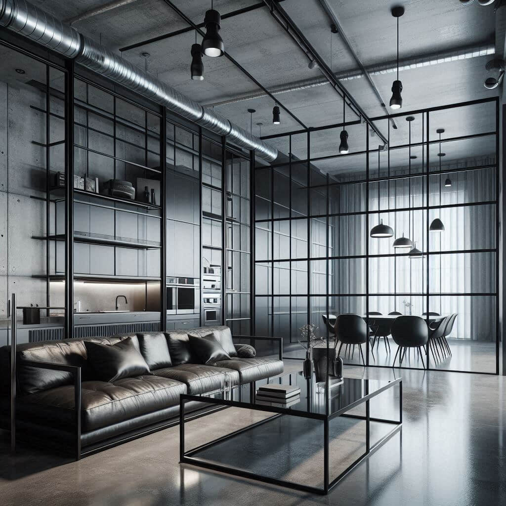 Sleek industrial living room by Hothi & Co. featuring polished concrete floors, steel-framed glass partitions, and a metal-accented contemporary interior.