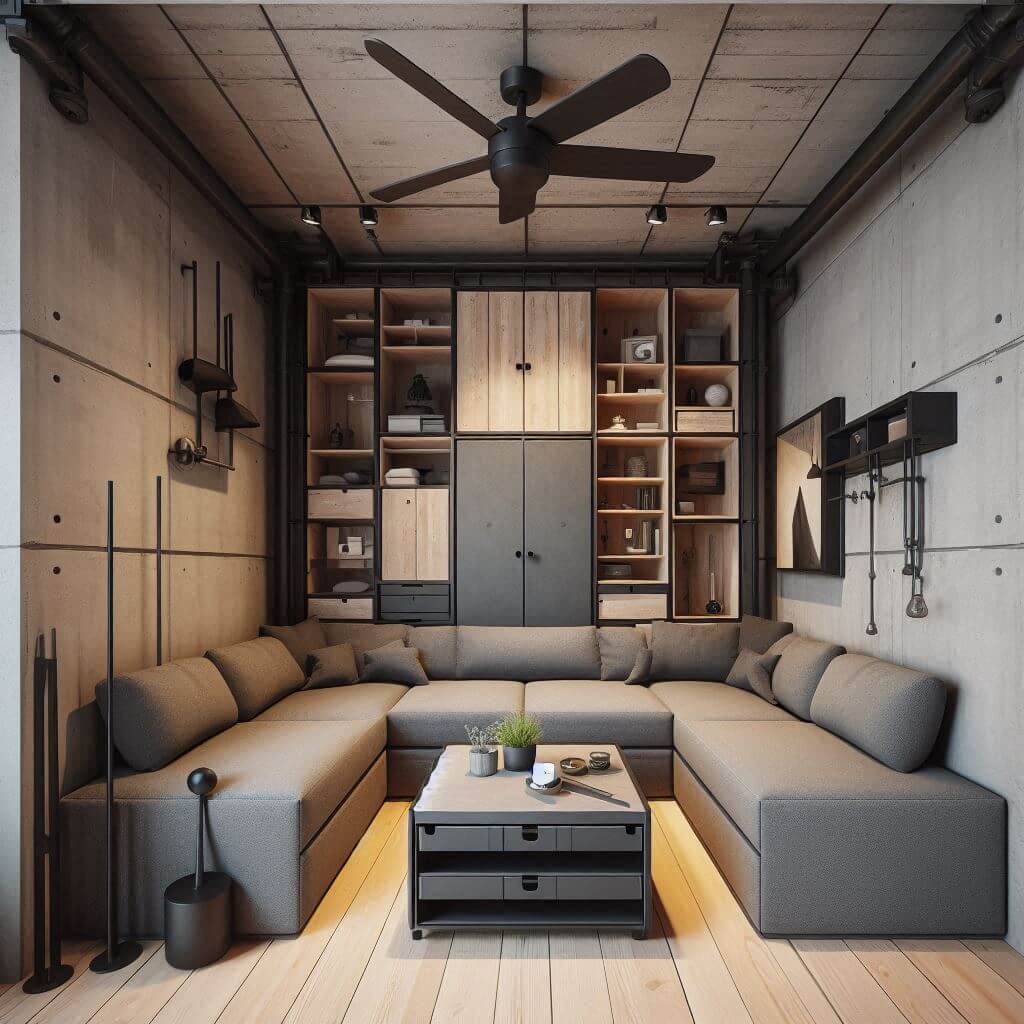 Small functional industrial living room by Hothi & Co. featuring exposed concrete walls, light wood flooring, dark grey modular sectional sofa, and practical multi-functional furniture.