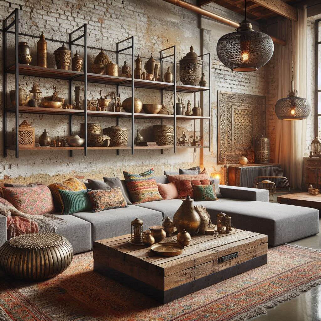 Industrial living room by Hothi & Co. featuring exposed brick wall, polished concrete floors, and a reclaimed wood coffee table with rustic Indian antique elements.