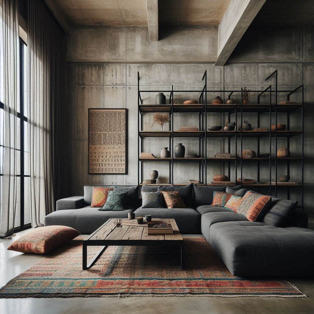 Raw minimalist industrial living room by Hothi & Co. featuring exposed concrete walls, polished cement flooring, and a charcoal grey low-profile sectional sofa.