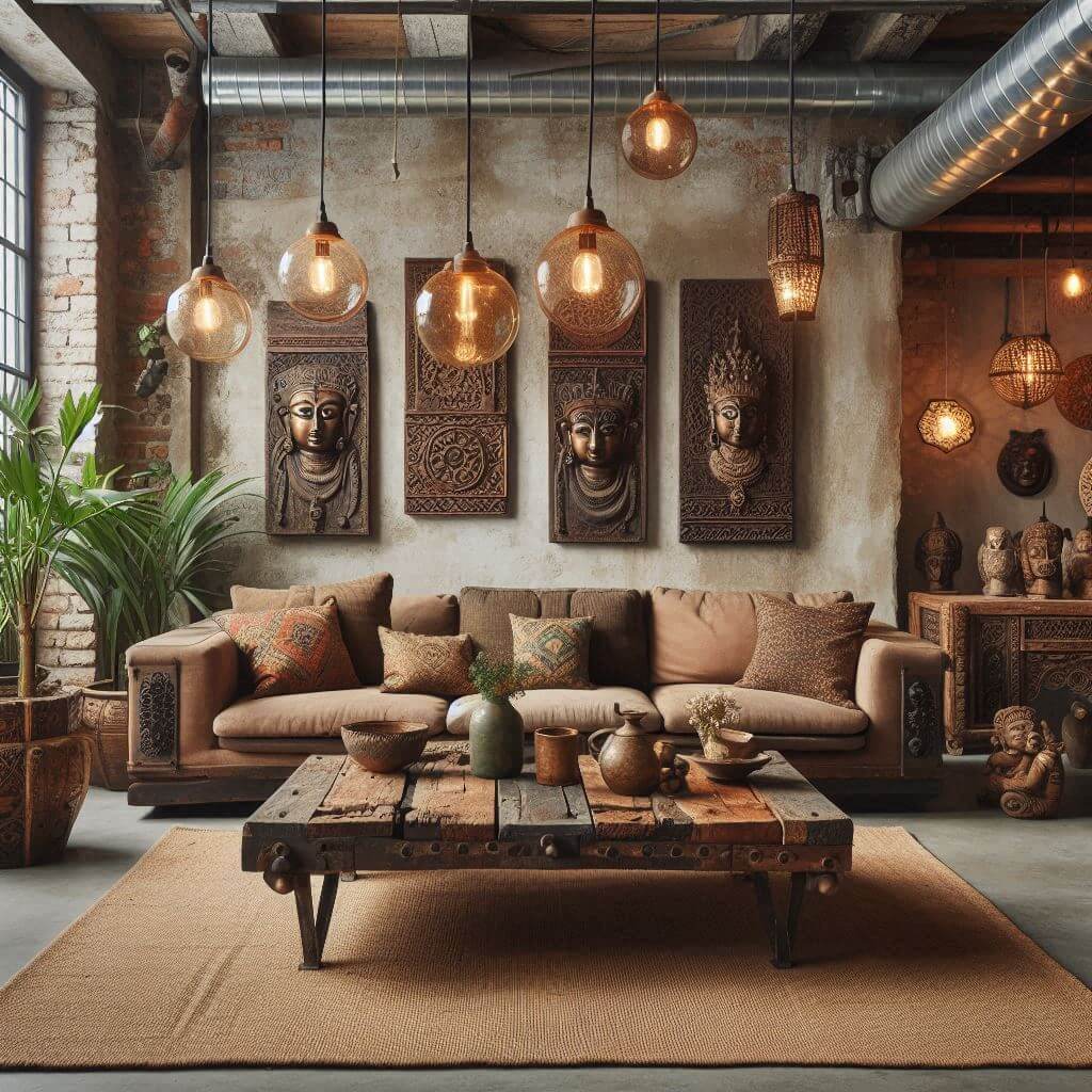 Industrial living room by Hothi & Co. featuring exposed brick walls, concrete floors, and Indian handcrafted wooden sofa with earthy-toned cushions.