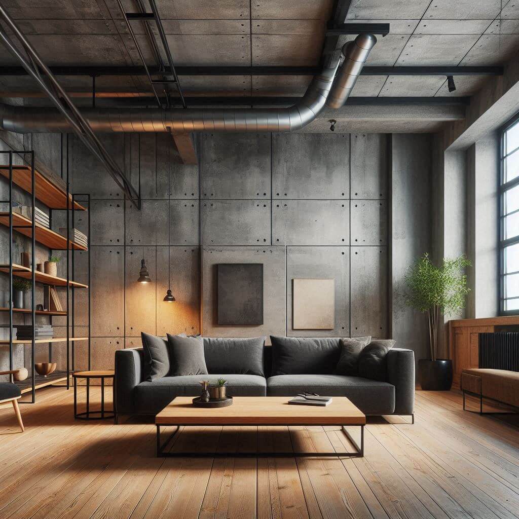 Industrial-style living room by Hothi & Co. featuring smooth grey concrete walls, light oak polished wood flooring, and a balanced raw-meets-warm aesthetic.