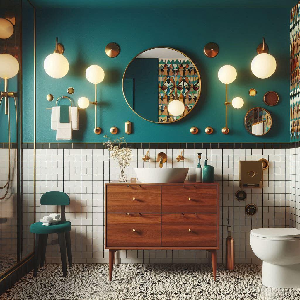 Bold mid-century modern bathroom by Hothi & Co. featuring a walnut vanity with white ceramic sink, matte black fixtures, vibrant wall color, and vintage lighting accents.