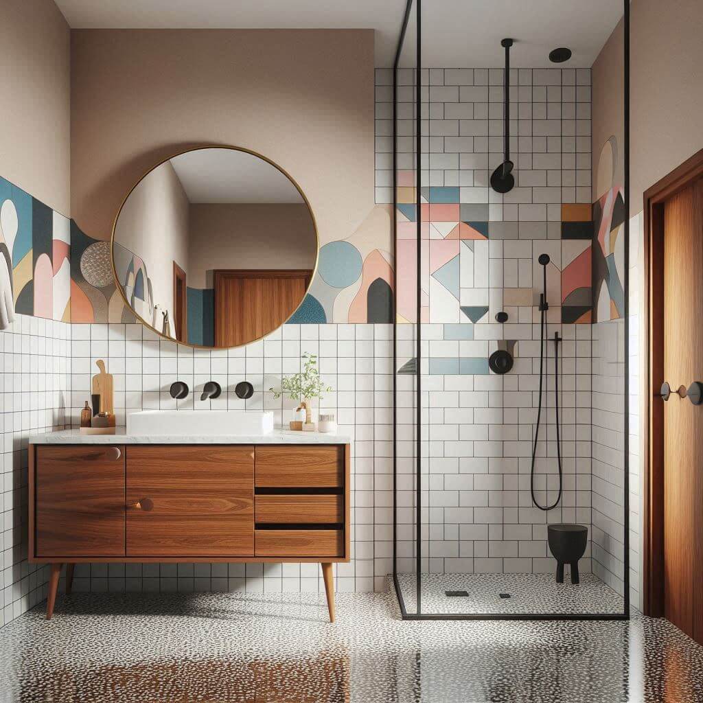 Bold mid-century modern bathroom by Hothi & Co. featuring a floating walnut vanity, white countertop, matte black fixtures, and terrazzo flooring with grey flecks.