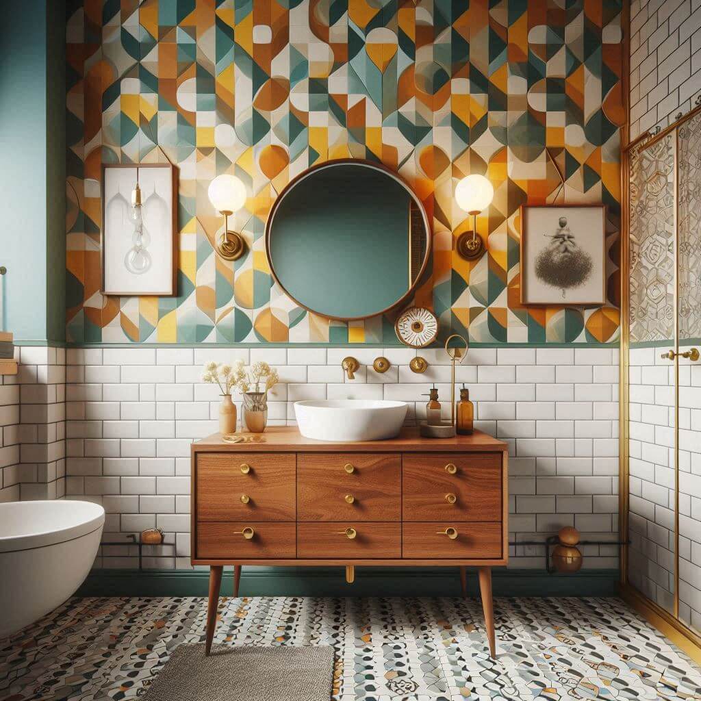 Charming mid-century modern bathroom by Hothi & Co. featuring a walnut floating vanity, white ceramic sink, brass fixtures, and geometric retro wallpaper.