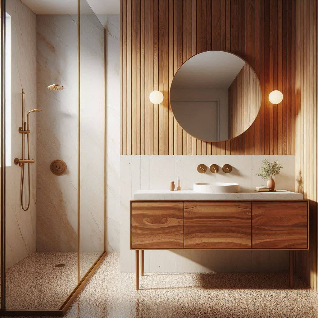 Cozy mid-century modern bathroom by Hothi & Co. featuring warm teak wood accent paneling, a floating teak vanity with white stone countertop, and clean modern detailing.